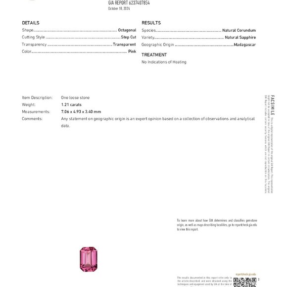 Emerald Natural Mined Loose Sapphire (1.21 Ct Pink Vs2) Gia C53000068 - Picture 5 of 6